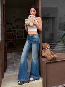SHEIN EZwear Quần Jeans Ống Loe Lưng Thấp Co Giãn Ôm Sát Gợi Cảm Cho Nữ, Màu Xanh - Rửa tối - Xem 7