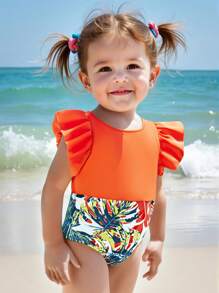 SHEIN Baby Girl Floral Print Ruffle One-Piece Swimsuit, Summer - Orange - View 8