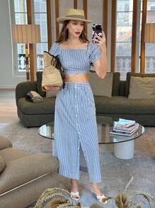 Pariaura 2 件套时尚条纹图案短款泡泡袖上衣和高腰开衩裙，修身版型 - 藍色 - 查看 1
