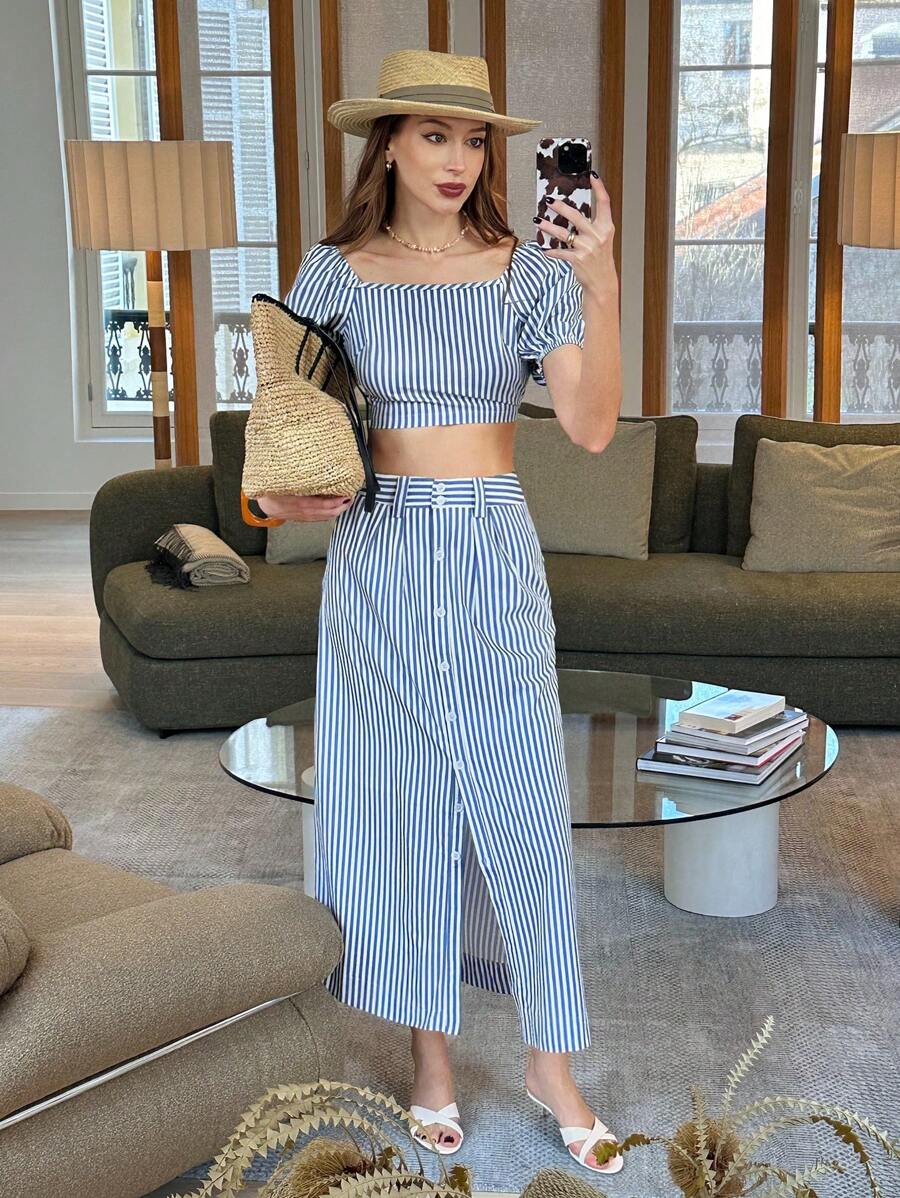 Pariaura 2 件套时尚条纹图案短款泡泡袖上衣和高腰开衩裙，修身版型 - 藍色 - 查看 1