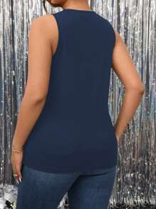 SHEIN LUNE 大码女式纯黑色圆领背心，交叉镂空无袖吊带背心 - 藏蓝色 - 查看 2