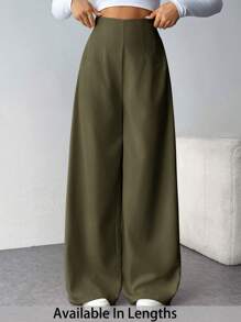 SHEIN Tall CURVE 大码女式简约休闲时尚高腰纹理阔腿裤 - 軍綠色 - 查看 1