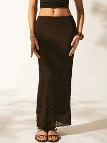 Easelle Solid Pencil Skirt - Chocolate Brown - View 3