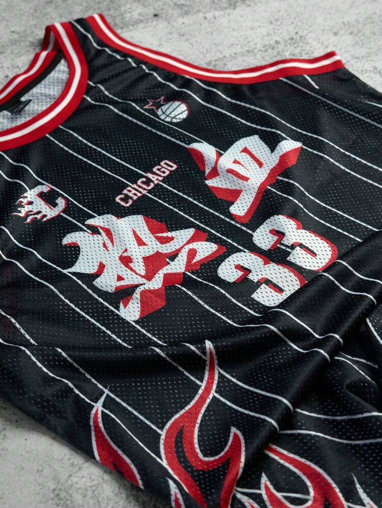 Manfinity EMRG 男士街头风学院风运动高街小众篮球服。网眼背心，印有数字 33 的数码印花，创意设计融合了汉字和篮球火焰图案。 - 黑色 - 查看 4