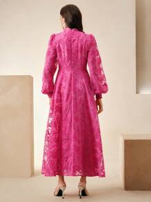 Anewsta Váy đi nghỉ mát bằng lưới mỏng thêu hoa thanh lịch cổ chữ V tay bồng, cạp chun, thích hợp cho mùa xuân, mùa hè, đêm hẹn hò, bãi biển, sự kiện trang trọng - Màu Hồng Tươi - Xem 2