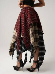 Váy ngắn kẻ caro cạp thấp phối màu viền nhún bèo bất đối xứng cho nữ - Nhiều màu - Xem 2