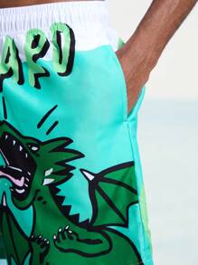 Surfspeed Men's Vacation Cartoon Dinosaur Letter Print Drawstring Waist Beach Shorts - Multicolor - View 8