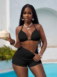 Slaydiva 2pcs Bikini Set, Fashion Triangle Top & Shorts, Perfect For Swimming & Beach - Black - View 3