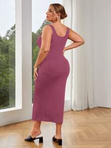 SHEIN Essnce 大码女式方领纽扣装饰下摆开叉条纹纹理吊带背心连衣裙