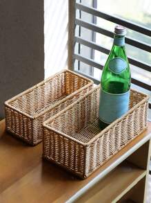 SHEIN Cesta de almacenamiento de ratán de imitación, caja de almacenamiento para mesa de té y control remoto, canasta para tentempiés, cesta de bambú estilo japonés, cesta de almacenamiento para el baño, portalápices - Multicolor - Ver 5