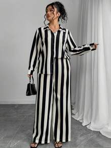 SHEIN Clasi Set de 2 pantalones informales a rayas y de unicolor para tallas grandes - Marrón Mocha - Ver 4