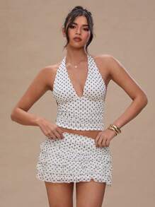 SHEIN BAE Women's Polka Dot Print Plunging Neck Backless Tank Top,Rave Top