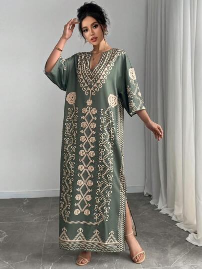 Breezaya Vestido con estampado vintage y abertura lateral, estilo vacacional para mujer