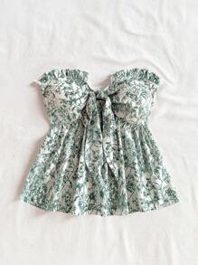 Soleia Vacation Casual Tie-Up Cinched Waist Ruffle Hem Bandeau Top - Green - View 7