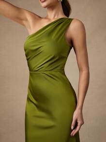 Silquee 优雅女士不对称肩部连衣裙配腰带，适合日常约会、郊游、夜店、派对和聚会，秋季 - 綠色 - 查看 6
