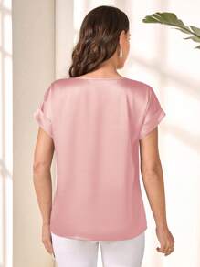 EMERY ROSE Women's Solid Color Round Neck Short Sleeve Casual Loose Shirt - Pink - View 2