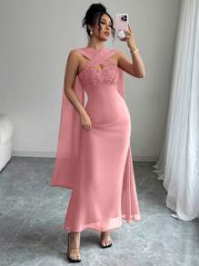 Rafferiza 优雅露肩修身花卉拼布雪纺夏季连衣裙，配腰带，性感 - 粉色 - 查看 5
