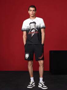 Betty Boop x SHEIN Conjunto de camiseta de manga corta y pantalones cortos de verano casuales para hombre con figura de dibujos animados y gráfico de letras