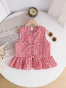 SHEIN Tween Girls' Casual Woven Plaid Round Neck Sleeveless Blouse Top - Red - View 1