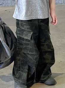 DAZY 小男孩迷彩工装口袋宽松阔腿休闲牛仔裤，秋季服装 - 軍綠色 - 查看 1