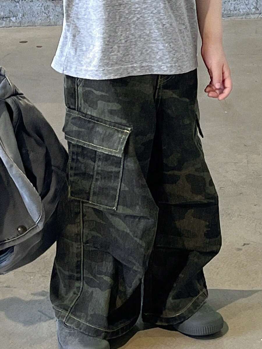 DAZY 小男孩迷彩工装口袋宽松阔腿休闲牛仔裤，秋季服装 - 軍綠色 - 查看 1