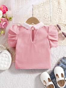 SHEIN Atasan Kasual Musim Panas Berkerah Peter Pan Warna Pink Lucu untuk Bayi Perempuan - Berwarna merah muda - View 2