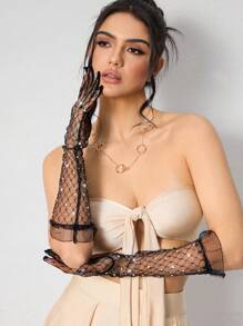 SHEIN SXY 蕾丝水钻短款手套，网眼白色蕾丝边，万圣节服装，新娘婚纱分指手套 - 黑色 - 查看 5