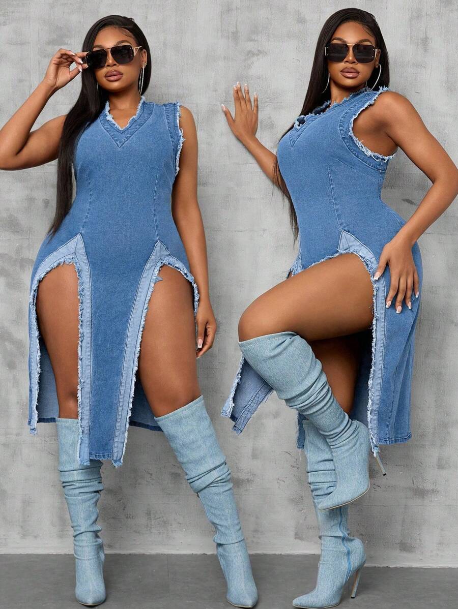 SHEIN SXY Plus Size Women Stretch Patchwork Distressed Frayed Hem High Slit Denim Dress Club Outfits Women Sexy Cowgirl Outfits For Women  Summer Outfits For Women Festival Outfits