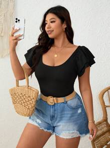 SHEIN Frenchy Mono de una pieza de mujer de talla grande, de unicolor, con cuello redondo y mangas con volantes, informal