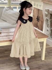 DAZY Elegantes Sommerkleid für Kleine Mädchen mit Farbblock Pailletten-Mesh-Kragen - Aprikosenfarben - Übersicht 2