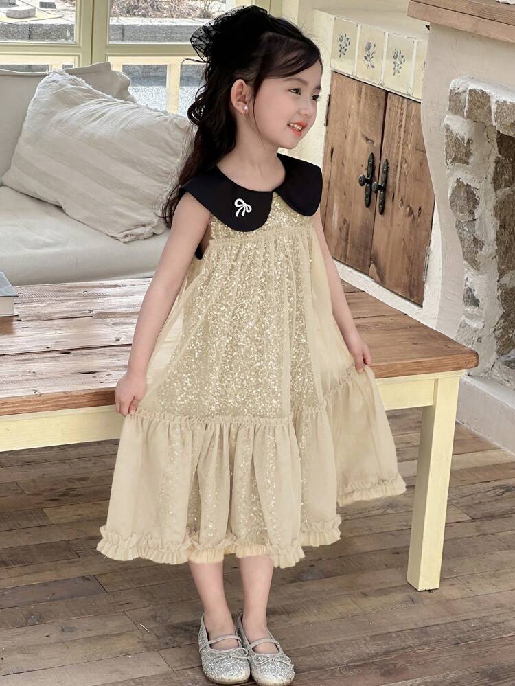 Young Girl Elegant Colorblock Sequin Mesh Collar Summer Dress