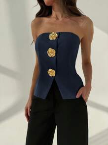 Aloruh 女式办公室无袖短款上衣，带金属纽扣装饰，米色