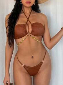 Elenzga Bikini de dos piezas para mujer con diseño nuevo y sexy, con escote halter, corte cruzado en frente y espalda, con lentejuelas doradas y plateadas, tirantes tipo espagueti, estilo brasileño - Marrón - Ver 4