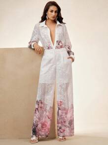 Anewsta Completo elegante e di nicchia con blusa a maniche lunghe con stampa floreale colorata in pizzo e pantaloni a zampa, adatto per primavera/estate, festival, vacanze