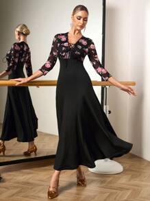 Dansine Women's Sexy Dance Dress With Large Floral Print, Mesh Patchwork And Extra-Wide Skirt