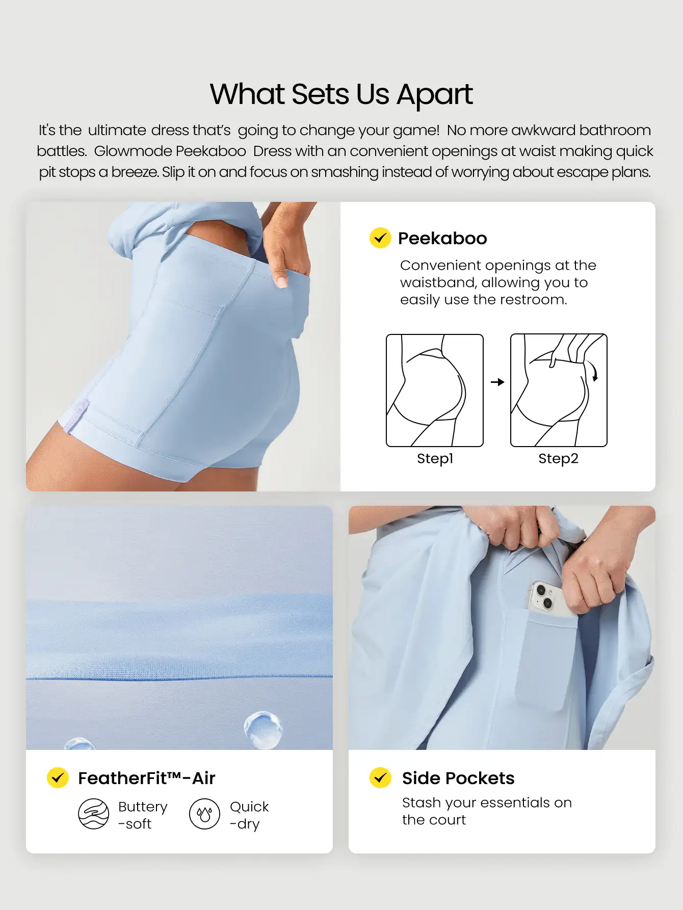 GLOWMODE FeatherFit™-Air 随波逐流 吸汗速干 露肩交叉后背迷你连衣裙 内置短裤 侧袋 防滑手柄 低冲击瑜伽普拉提工作室日常休闲装 可拆卸罩杯 - 淺藍色 - 查看 2