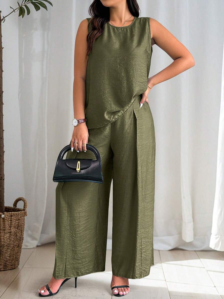 EMERY ROSE Set de 2 piezas de talla grande para mujer, con camisa de cuello redondo sin mangas y pantalones de unicolor - Verde militar - Ver 1