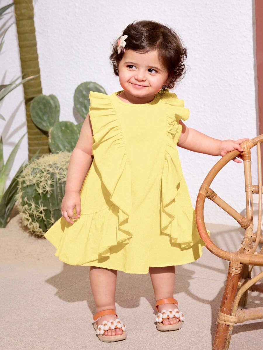 SHEIN Baby Girl Lovely Orange Ruffle Trim Vacation Dress, Summer - Yellow - View 1