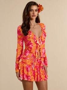 SHEIN BAE 2pcs Women Vacation Set: Solid Color/Tie-Dye Print Sheer Mesh Ruffle Crop Top & Low Waist Ruffle Hem Super Short Skirt, Resort Beach Outfit, Summer