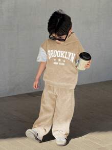 SHEIN 2pcs Young Boys Casual Street Style Hooded Short Sleeve Sweatshirt And Solid Color Elastic Waist Sweatpants Set, Suitable For Back To School, Birthday, Baby Shower, Holiday Party, All Seasons