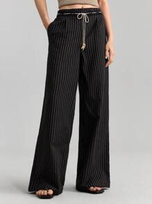 Ontre Women's Black Pinstripe Woven Fabric Casual Long Pants With Pockets And Drawstring Waist - Black - View 1