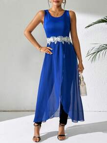 SHEIN Clasi Áo sát nách dáng dài thêu đắp cho nữ - Màu xanh lam - Xem 5