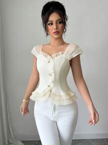 Elenzga 女士纯色荷叶边纽扣设计泡泡袖优雅衬衫