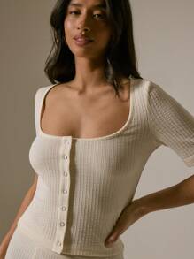 MUSERA 方领短袖纽扣细节罗纹修身上衣，适合度假、休闲、机场等场合。 - 奶油色 - 查看 5