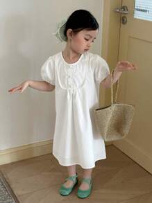 DAZY Kleine Mädchen Kleid mit rundem Ausschnitt, gewebtem Stoff und Kurzarm, Sommer - Weiss - Übersicht 2