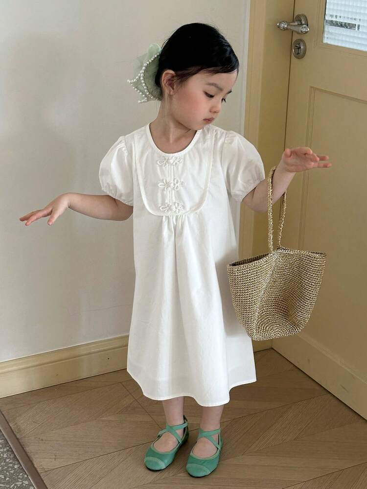 Young Girl Round Neck Woven Short Sleeve Dress, Summer