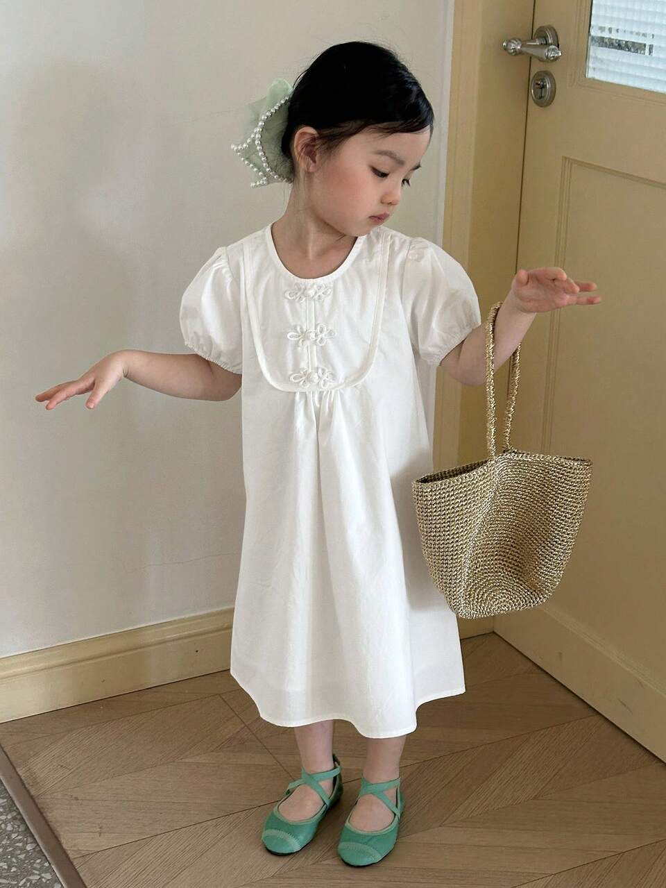 Young Girl Round Neck Woven Short Sleeve Dress, Summer