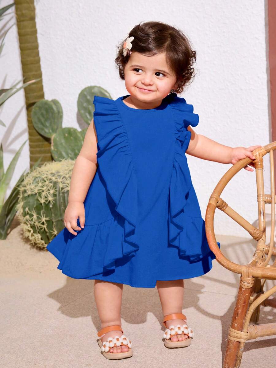 SHEIN Summer Cute Orange Ruffle Trim Vacation Dress For Baby Girl - Blue - View 1