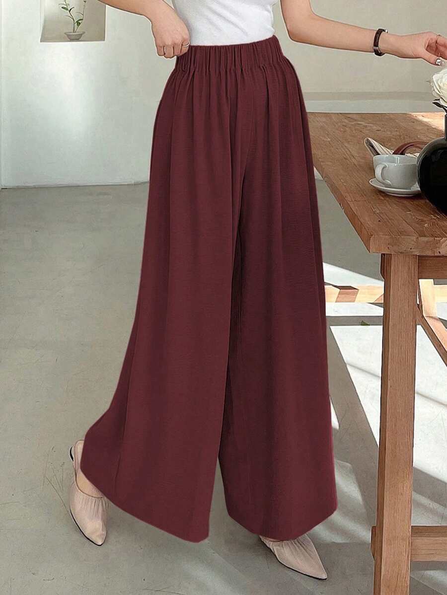 DAZY Women Textured Elastic Waist Loose Wide Leg Long Pants,Fall Clothes,Teacher Pants