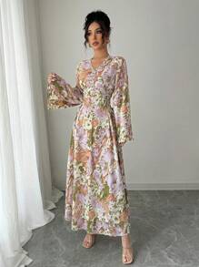 Al Najma Đầm dài tay chuông cổ chữ V in hoa phong cách Ả Rập cho nữ - Nhiều màu - Xem 5